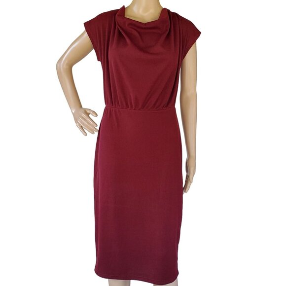 Women's L Midi Dress Sleeveless Cowl Neck Knit Stretch Maroon Red Elastic Waist - Picture 3 of 13